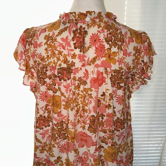 LOFT M White Pink Brown Orange Floral Flutter Sleeve Mock Ruffle Neck Blouse - Picture 4 of 10
